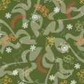 Green floral pattern background with deers and Santa Clause